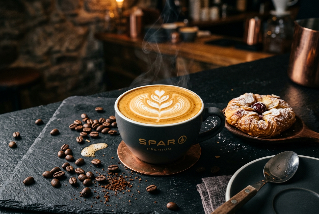 Steaming cup of barista style coffee with pastry