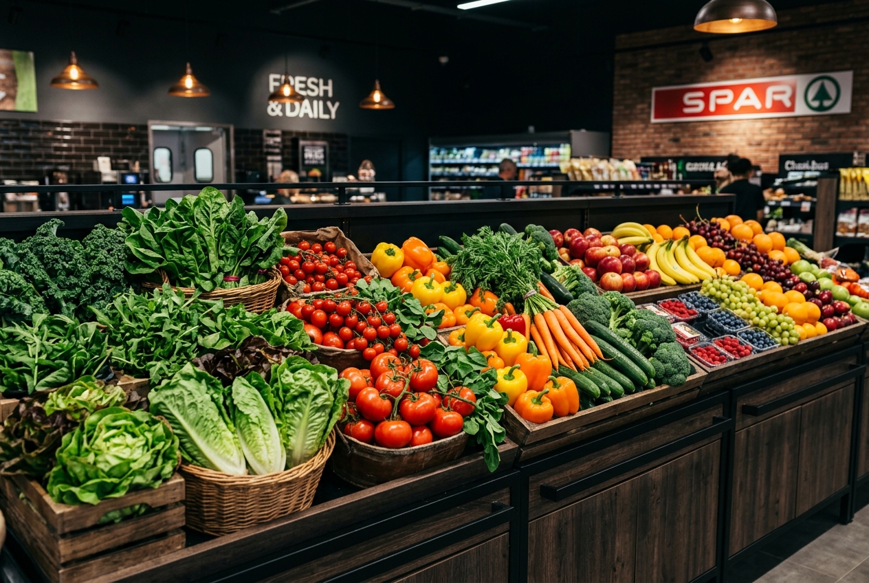 Fresh seasonal vegetables and fruits display