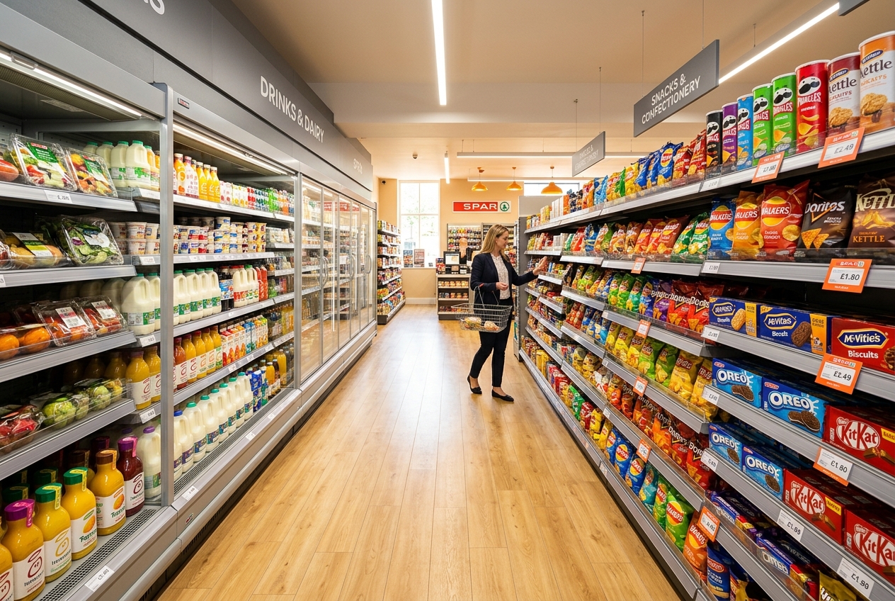 Inside SPAR Grosvenor Road store aisle